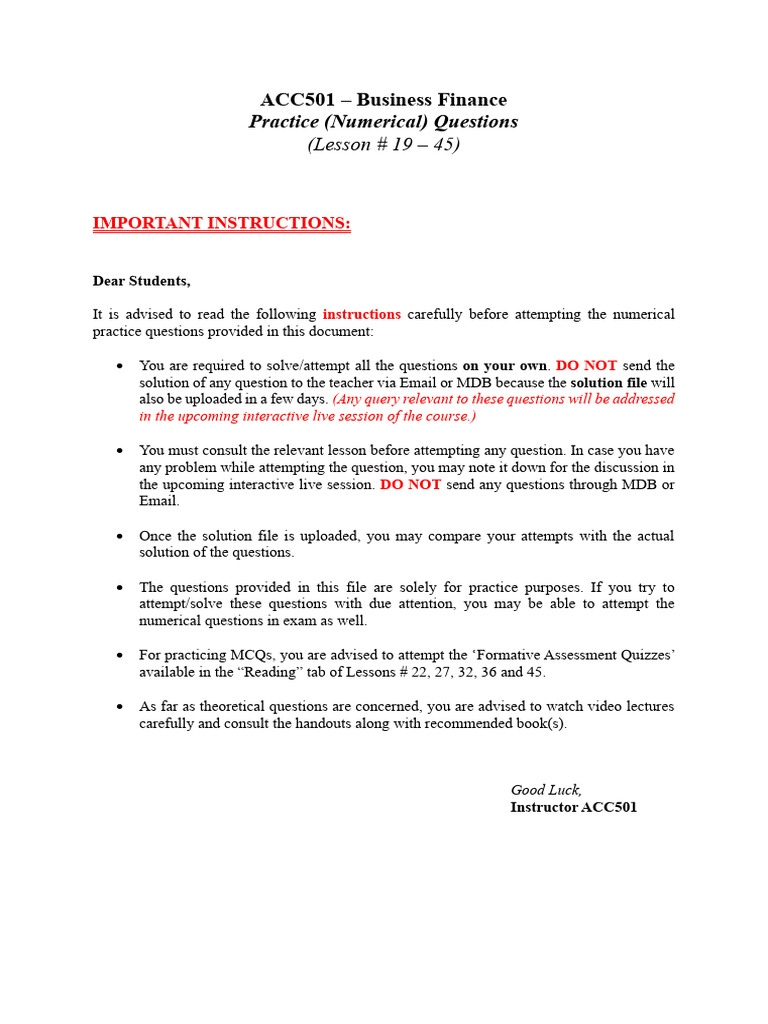 ACC501 - Practice Question (Lesson 19 - 45) | PDF | Cost Of Capital ...