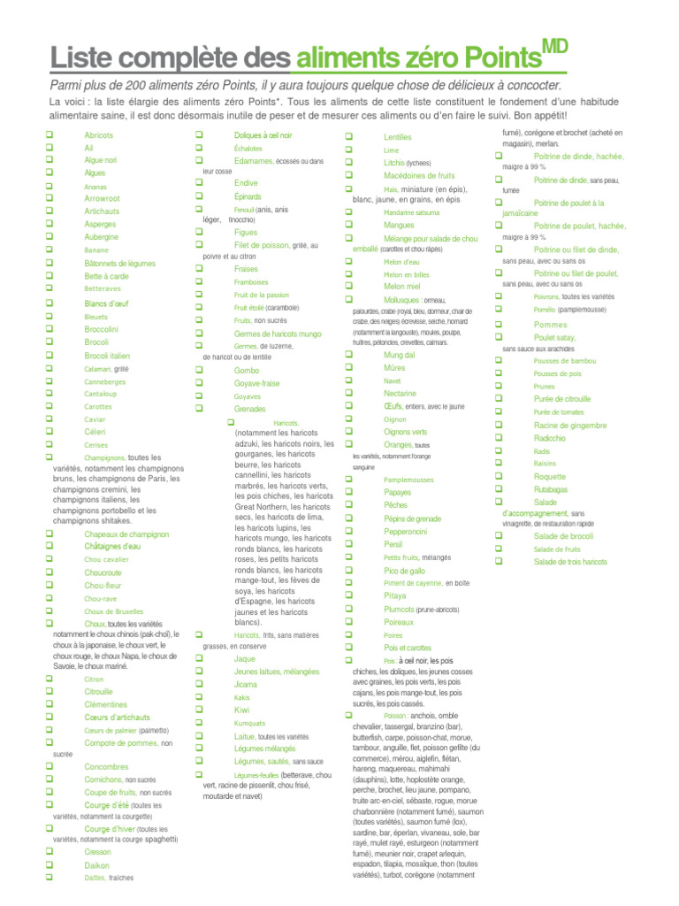 Liste des aliments 0 Points Weight Watchers | PDF | Légumes | Fruit