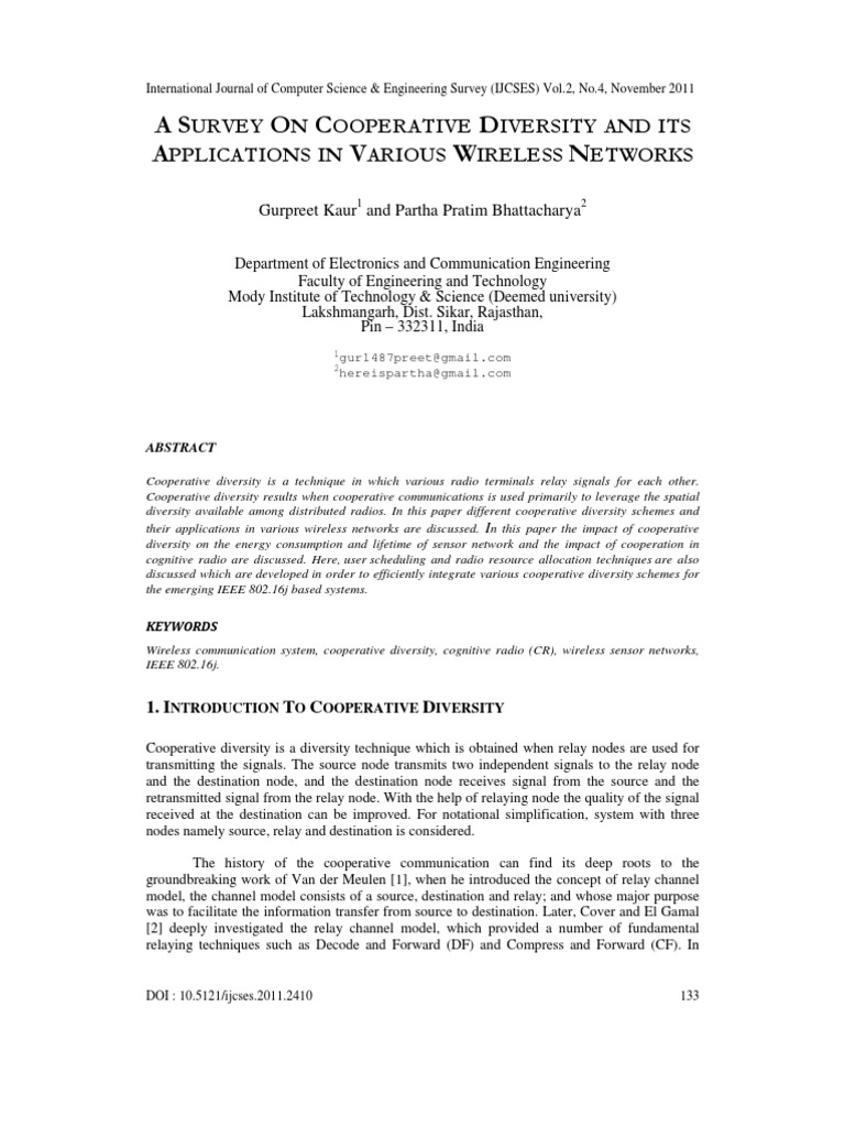 A Survey On Cooperative Diversity and Its Applications in Various ...