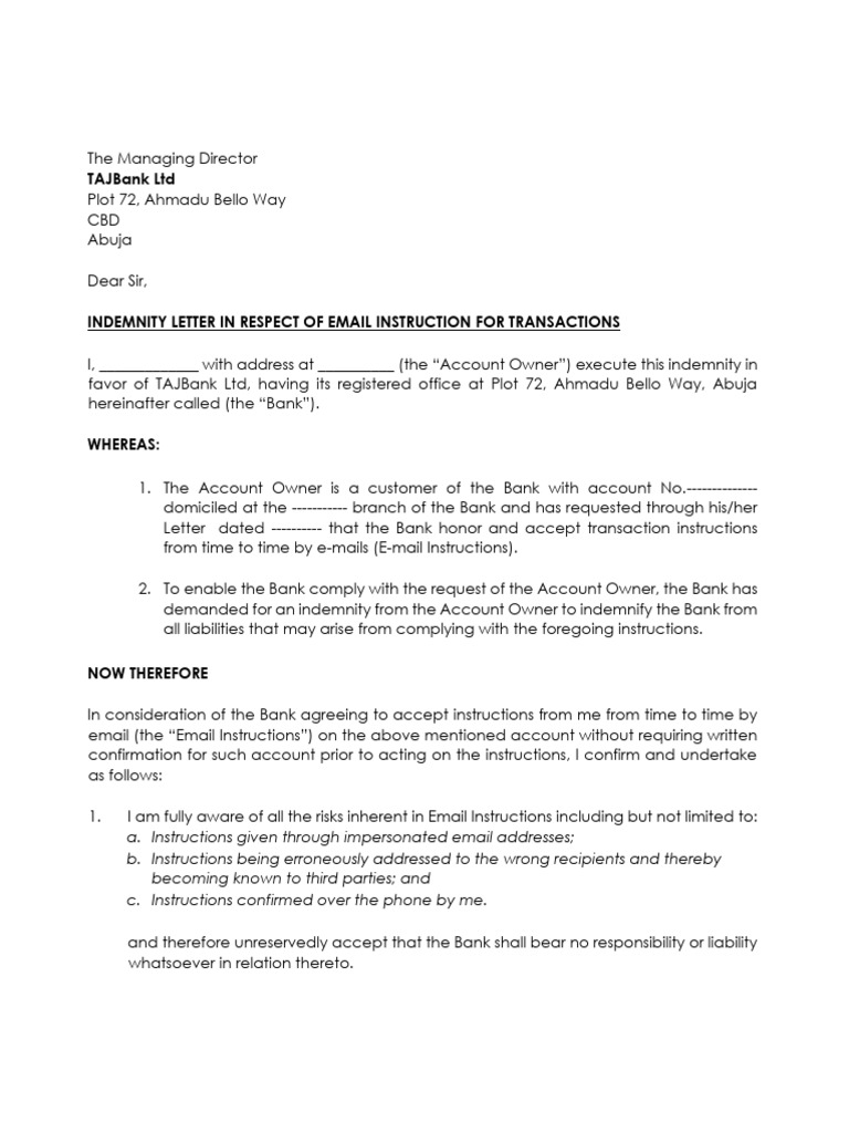 Email Indemnity Agreement for TAJBank | PDF | Indemnity | Common Law