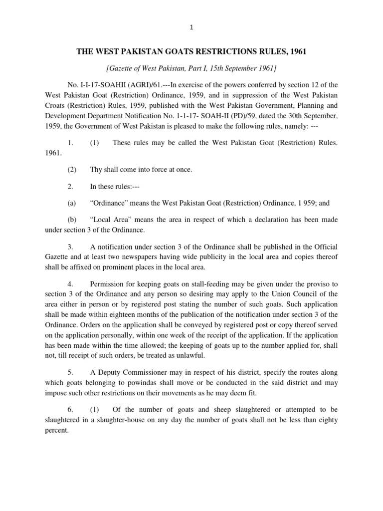 West Pakistan Goat (Restriction) Rules 1961 | PDF | Slaughterhouse ...