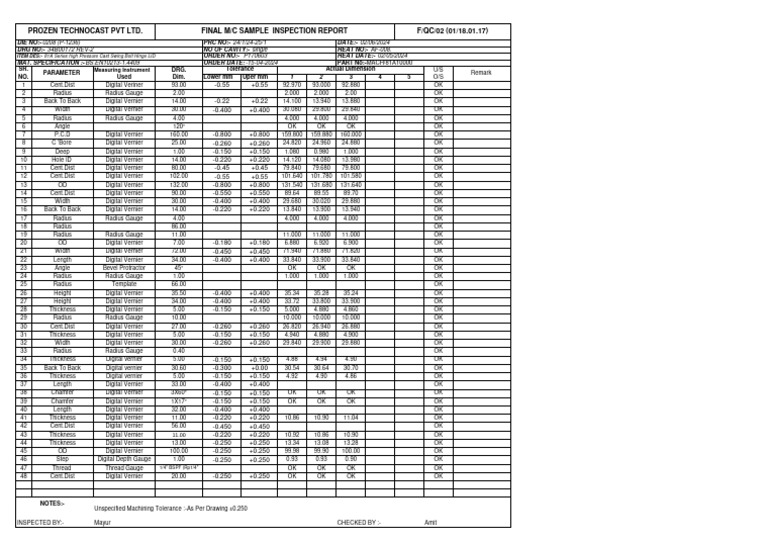 Inspection Report for Machined Parts | PDF | Technology & Engineering