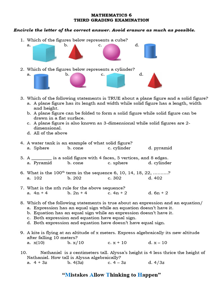 6th Grade Math Exam Questions | PDF | Area | Equations