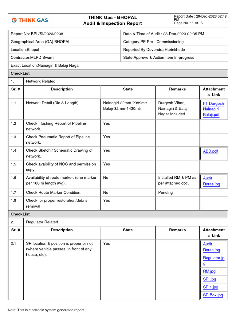Audit & Inspection DetailReport 29dec2023 144930 | PDF | Valve