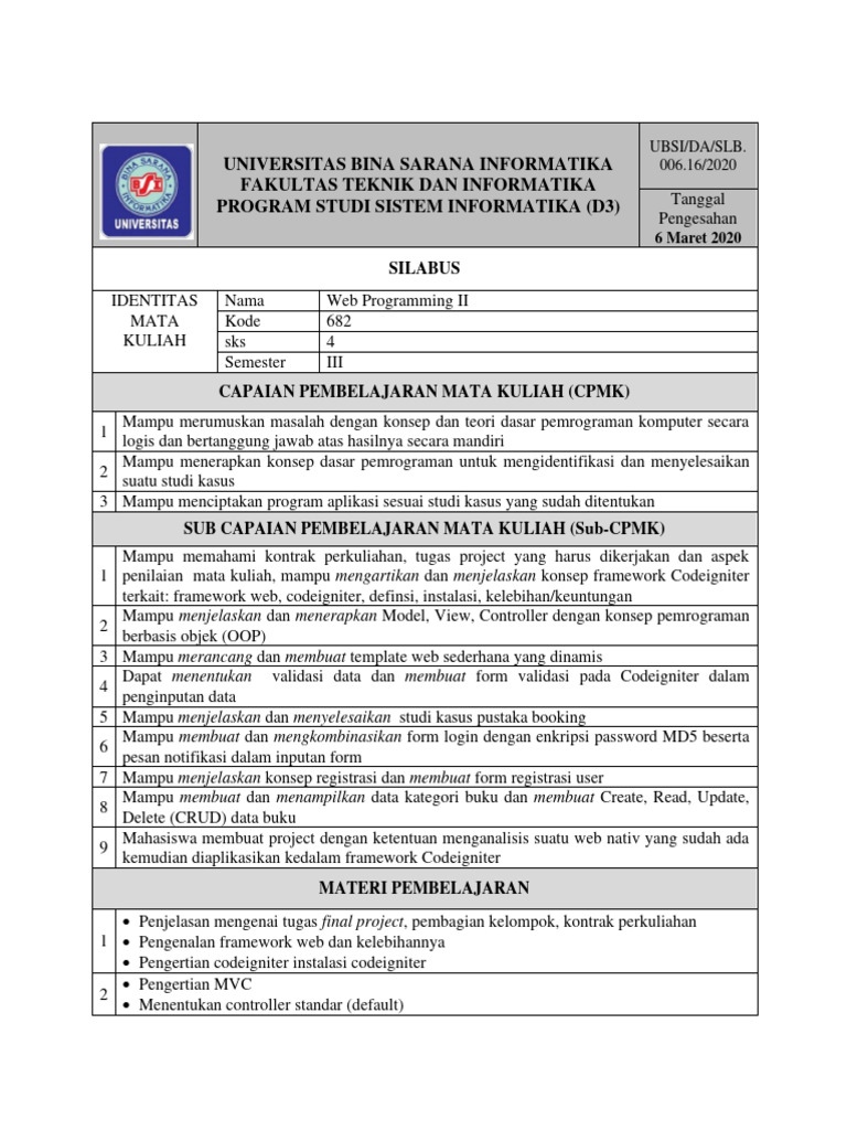 Silabus Web Programming II D3 UBSI | PDF | Seni