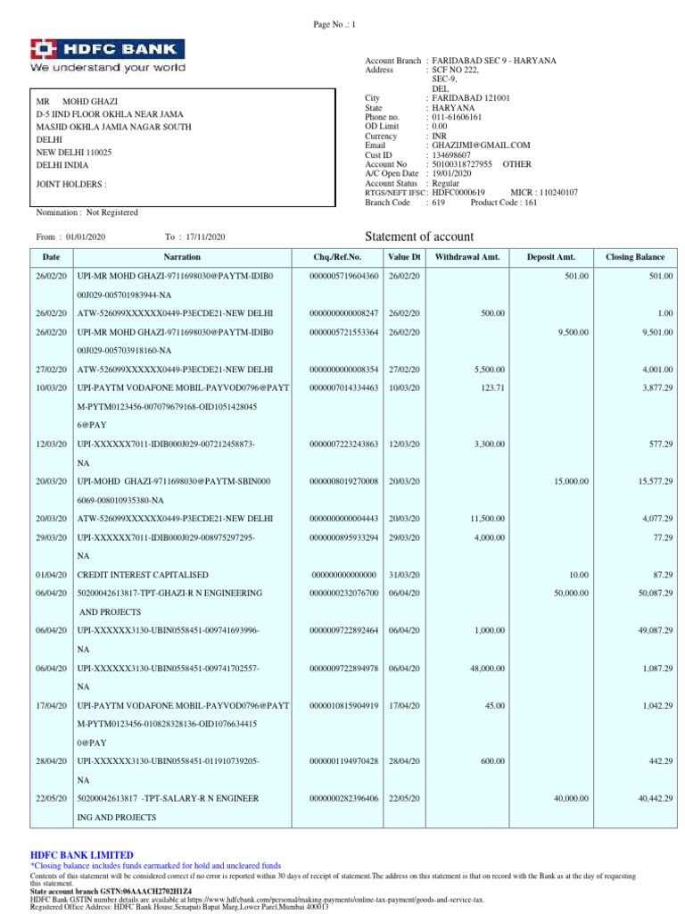 HDFC Bank Statement: Mohd Ghazi | PDF | Financial Markets | Personal ...