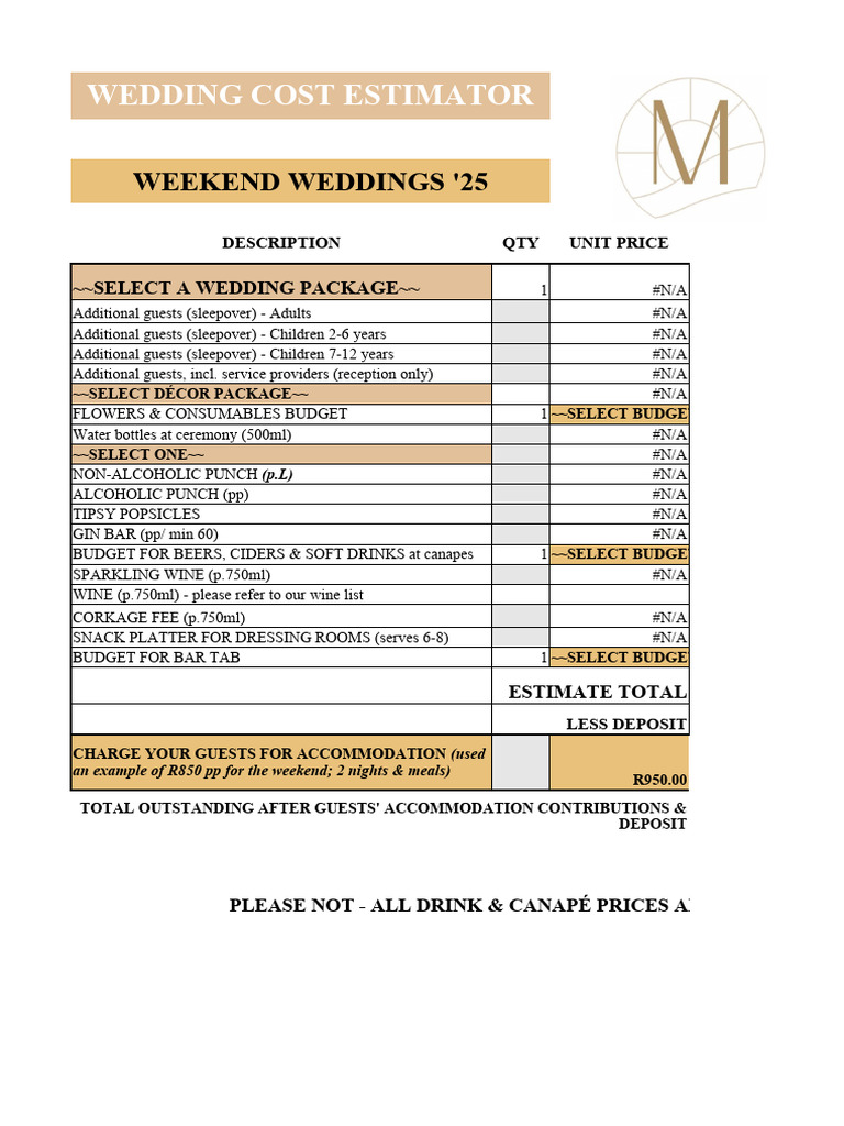 Wedding Cost Estimator for 2025 PDF Drink Wine