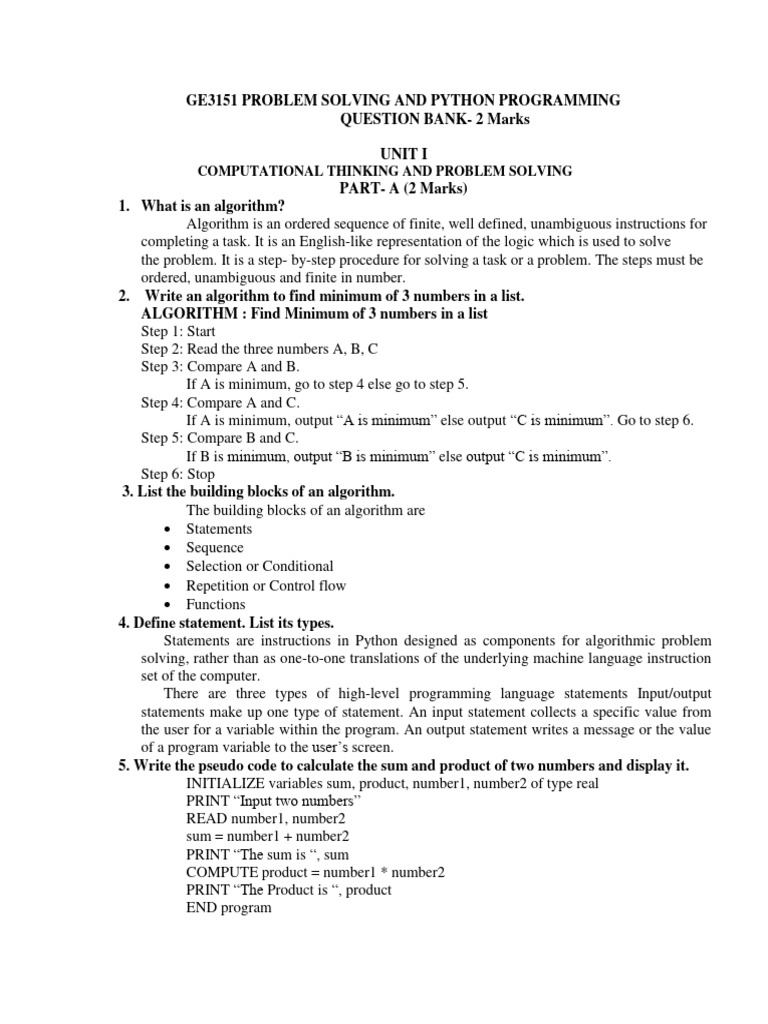 Python - 2 Marks Question Bank | PDF | Algorithms | Parameter (Computer ... image.