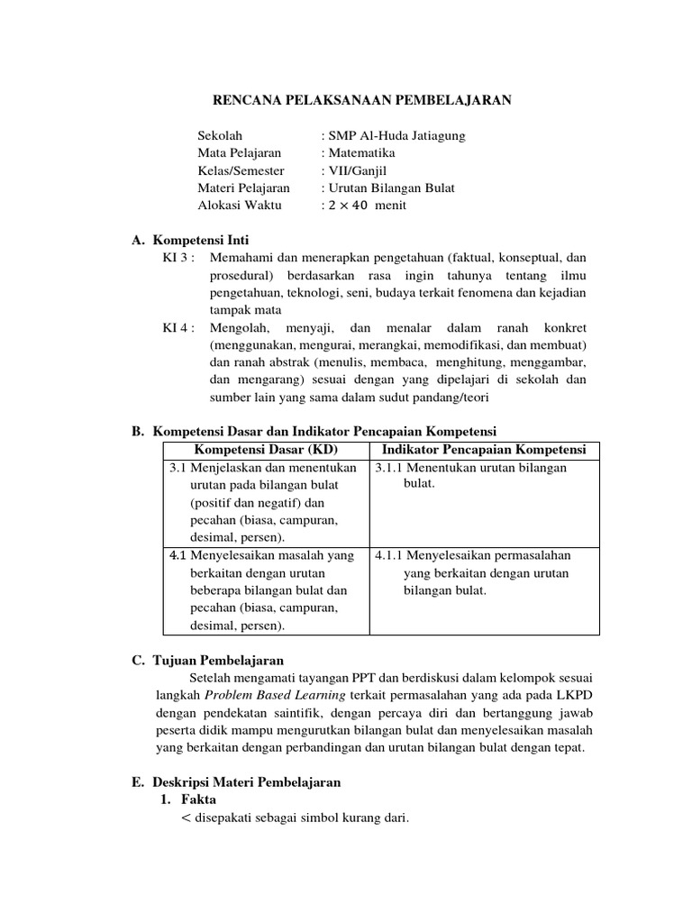 Contoh RPP Matematika Kelas VII | PDF