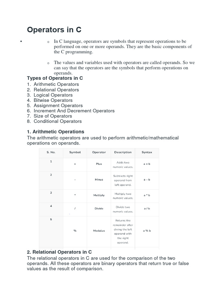 Operators in C | PDF | Mathematics | Arithmetic