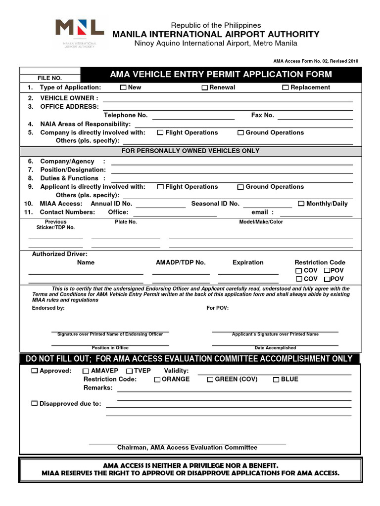 AMA Vehicle Entry Permit Application | PDF