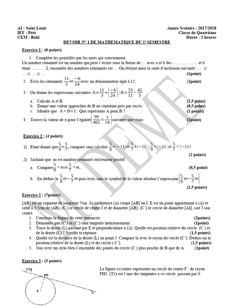 Devoir de Mathématiques 4ème - 1er Semestre | PDF
