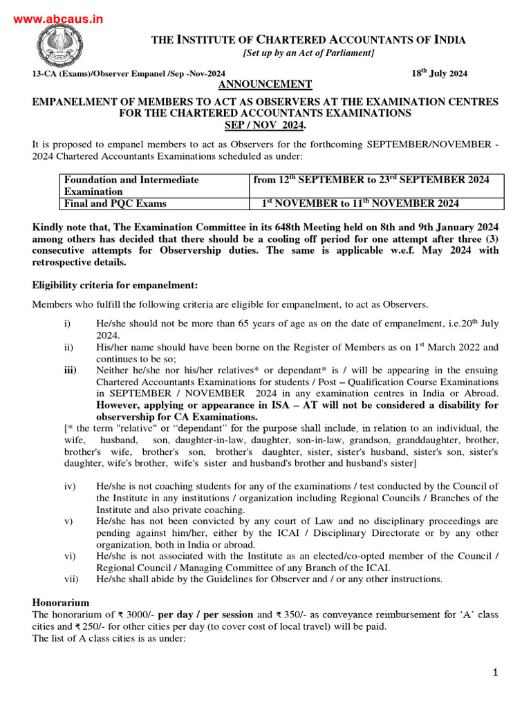 ICAI Observer Empanelment for Exams 2024 | PDF | Financial Services ...