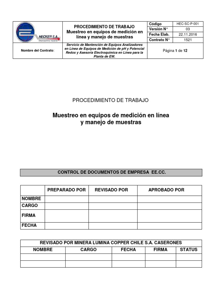 Procedimiento de muestreo en equipos de medici n en linea y manejo de