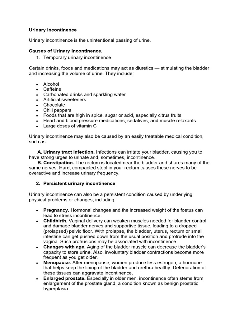 Urinary Incontinence Note | PDF | Urinary Incontinence | Medical ...