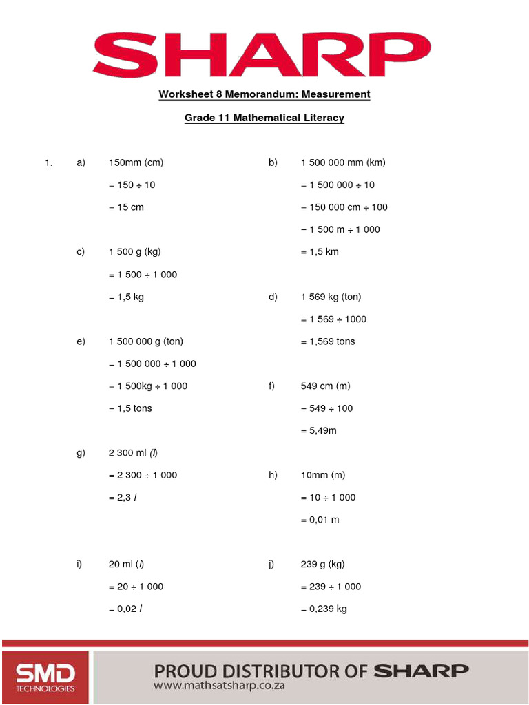 Worksheet 8 Memorandum Measurement 1 | PDF | Speed | Body Mass Index