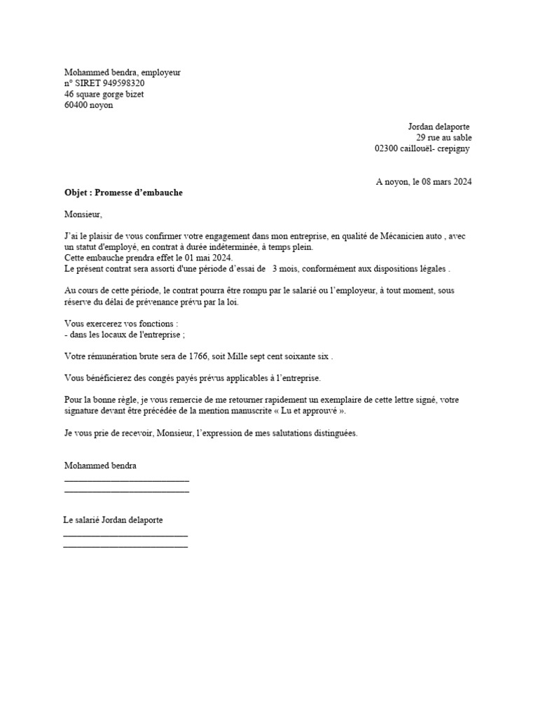 Promesse d'embauche pour Mécanicien auto | PDF