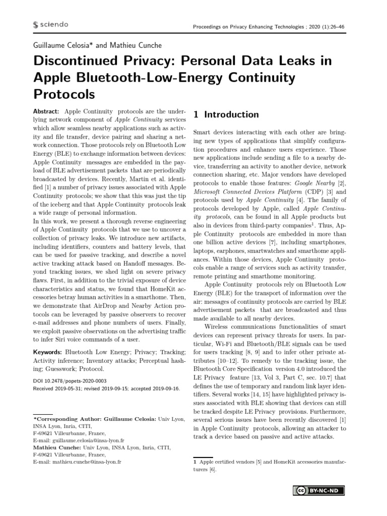 Privacy Leaks in Apple BLE Protocols | PDF | Bluetooth | I Cloud