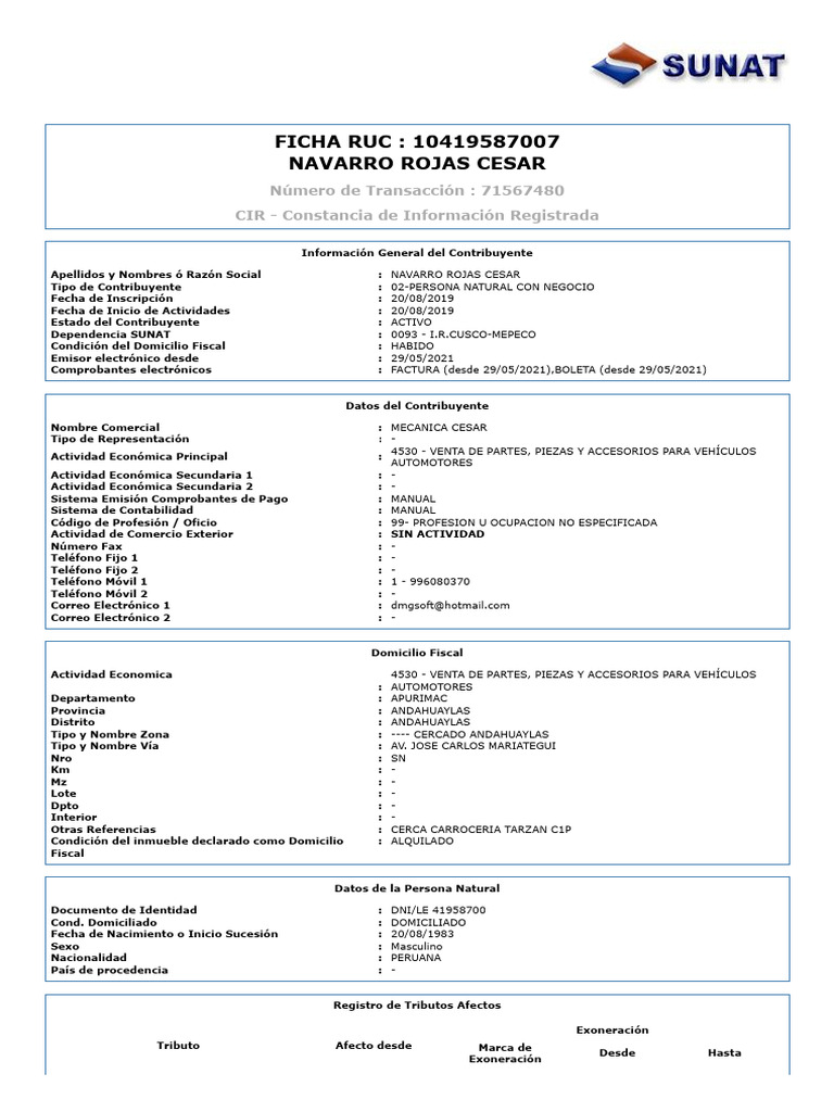 Ficha Ruc Cesar | PDF | Documento de identidad