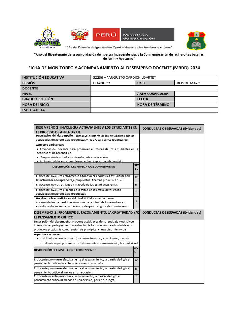 Ficha de Monitoreo Docente 2024 | PDF | Pensamiento | Aprendizaje
