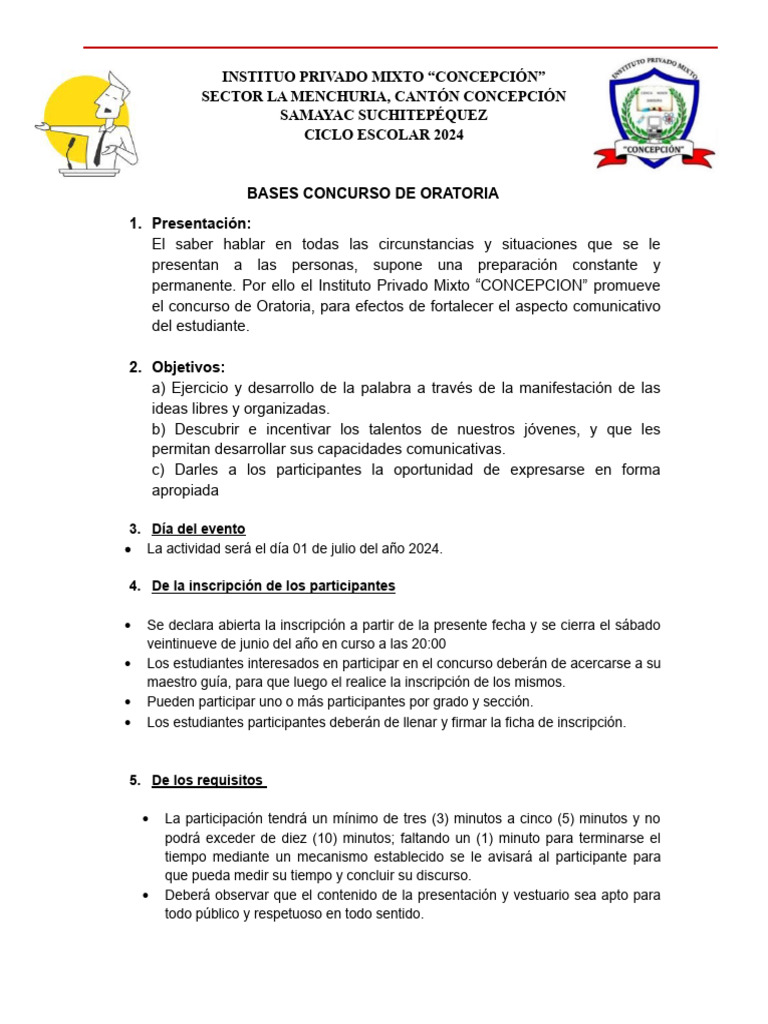 Bases del Concurso de Oratoria 2024 | PDF | Hablar en público