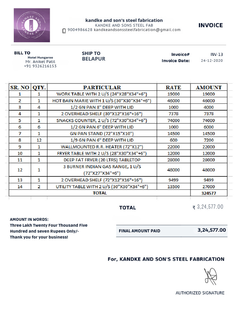 Business Invoice for Steel Fabrication | PDF