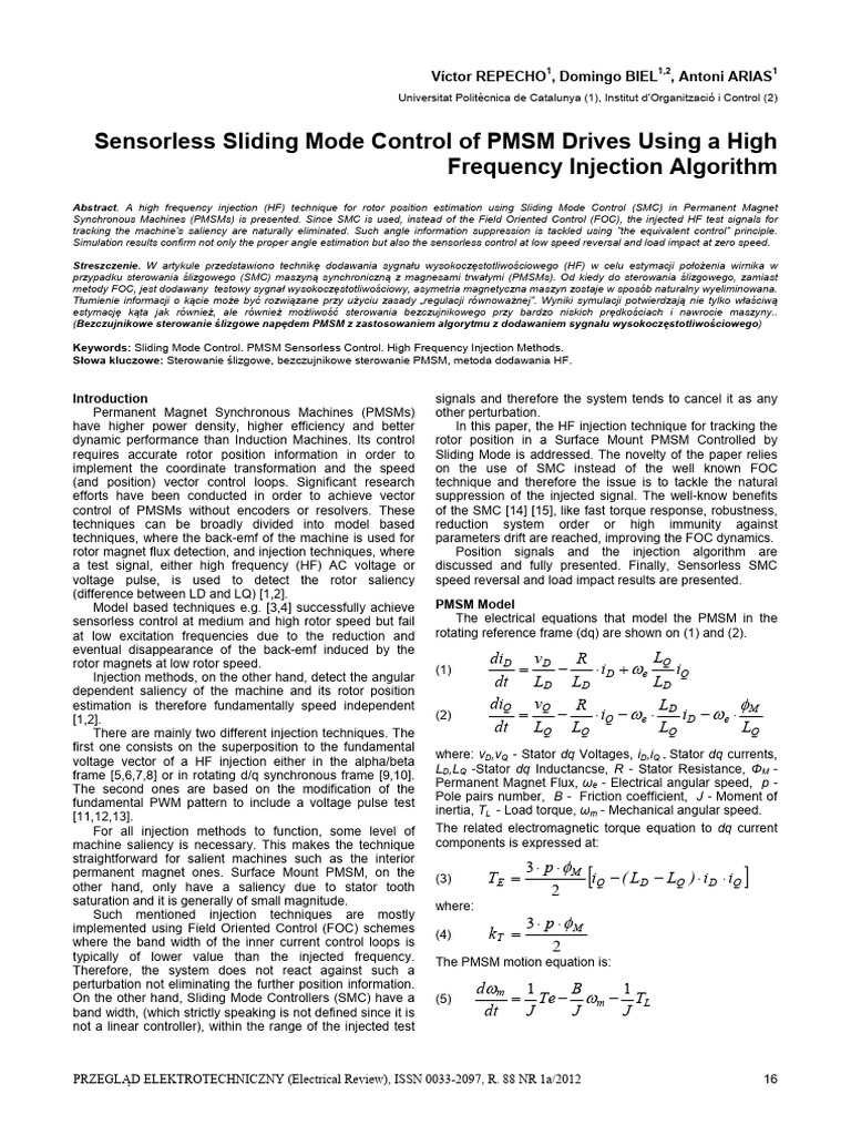 Sensorless Sliding Mode Control of PMSM Drives Using A High Frequency ...