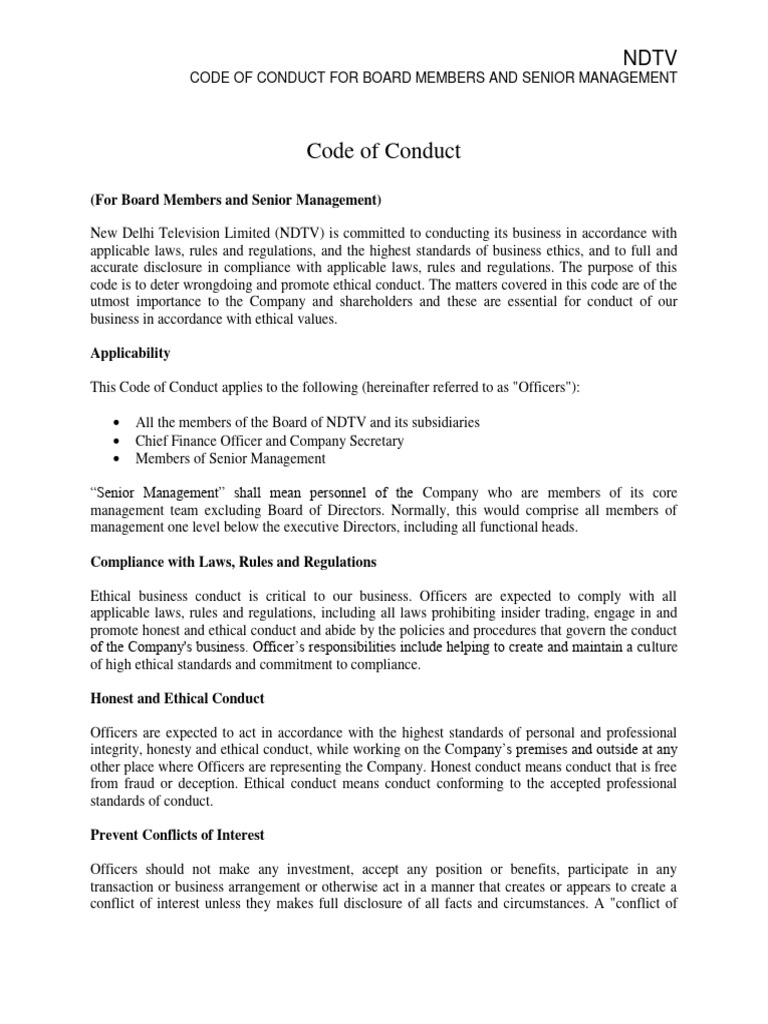 NDTV Code of Conduct for Management | PDF | Regulatory Compliance ...