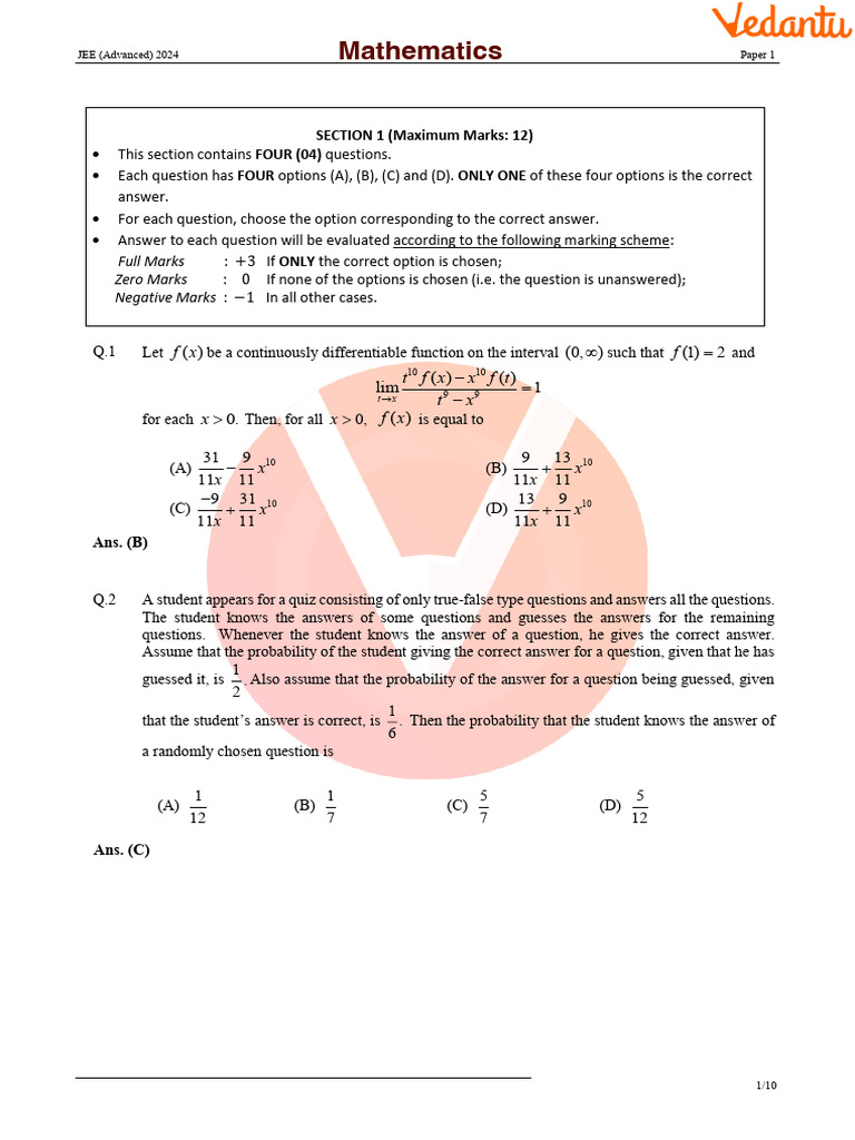 JEE Advanced 2024: Paper 1 | PDF | Metrology | Quantity