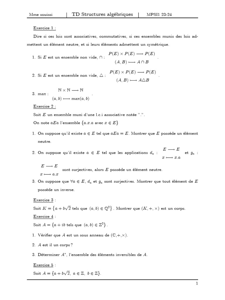 TD Structures Algébriques MPSI1 23-24 | PDF | Groupe (Mathématiques ...