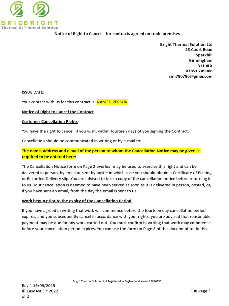 F08 Notice of Right To Cancel For Contracts Agreed On Trade