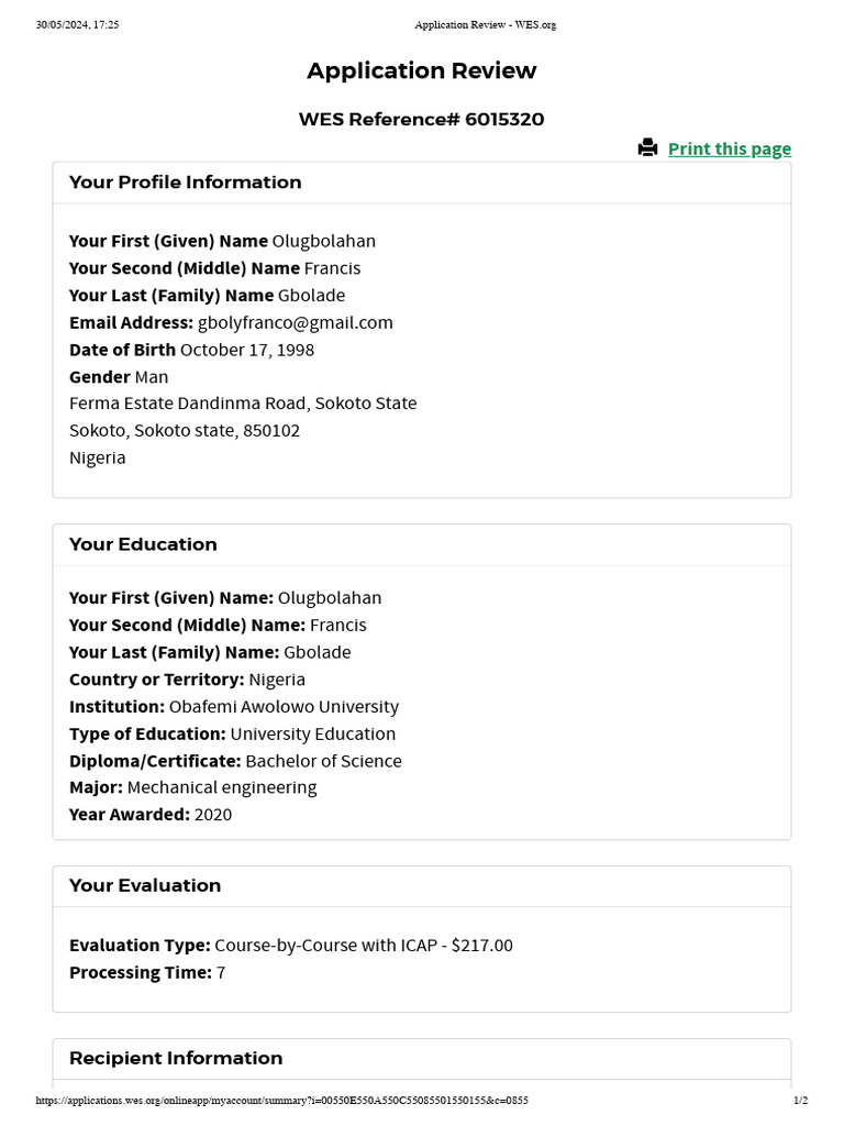 WES Application Review for Nigeria | PDF | Courier