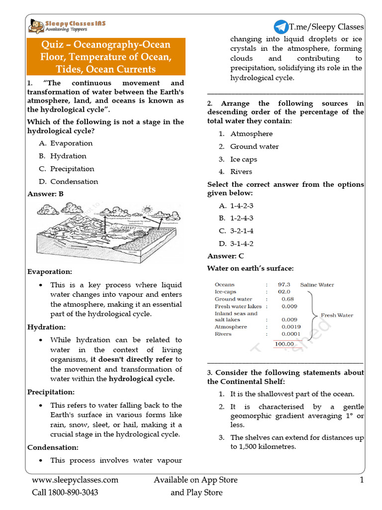 Hydrological Cycle and Ocean Features Quiz | PDF | Continental Shelf ...