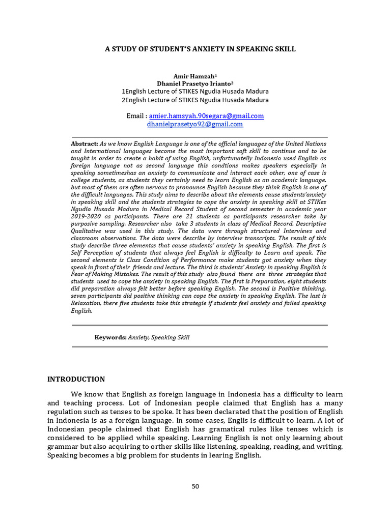 Student Anxiety in English Speaking Skills | PDF | Anxiety | Fear