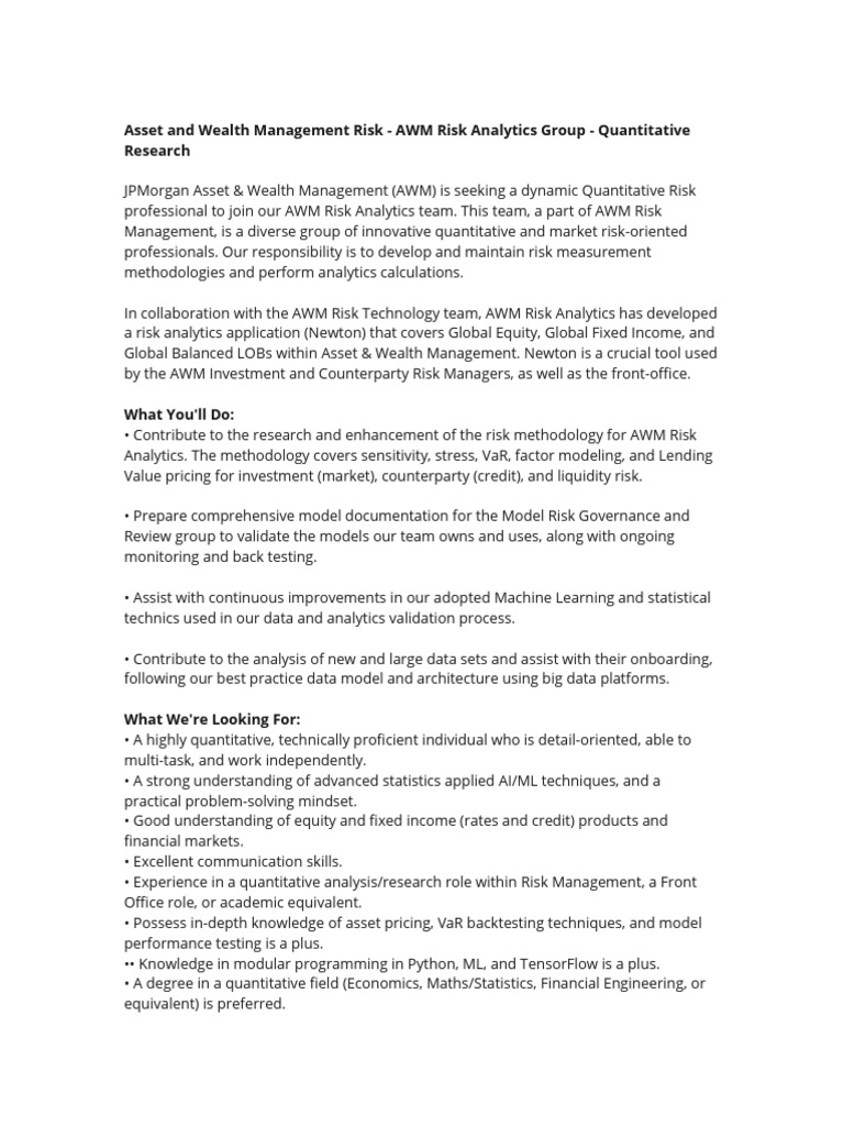 Quantitative Risk Analyst at JPMorgan AWM | PDF | Analytics | Risk