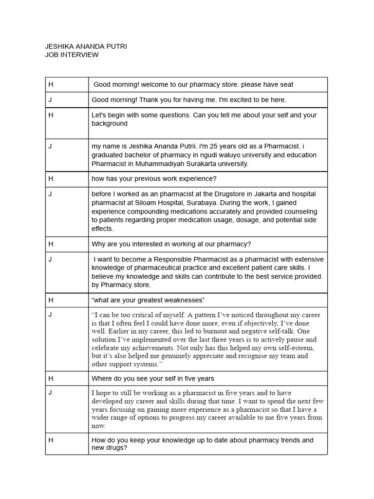 JESHIKA ANANDA PUTRI - MOC JOB Interview Conversation | PDF | Pharmacy ...