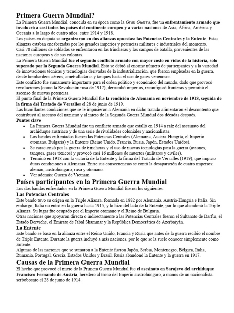 Causas y Consecuencias de la Primera Guerra Mundial | PDF | Primera ...