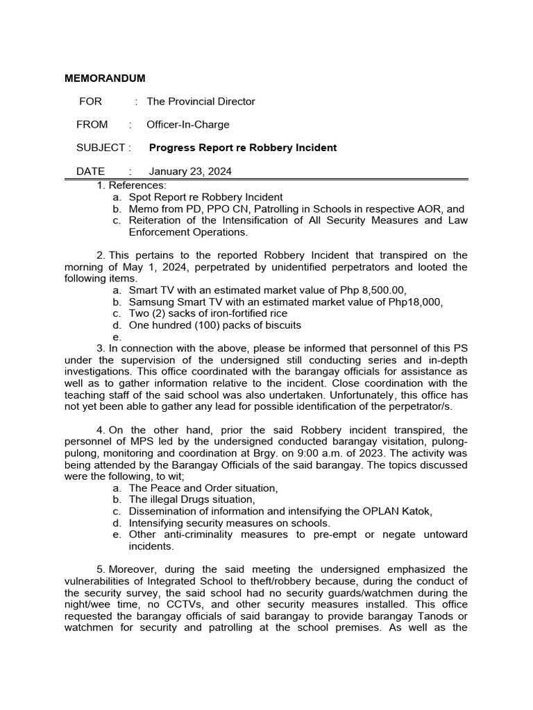 Progress Report on School Robbery Incident | PDF | Law Enforcement ...