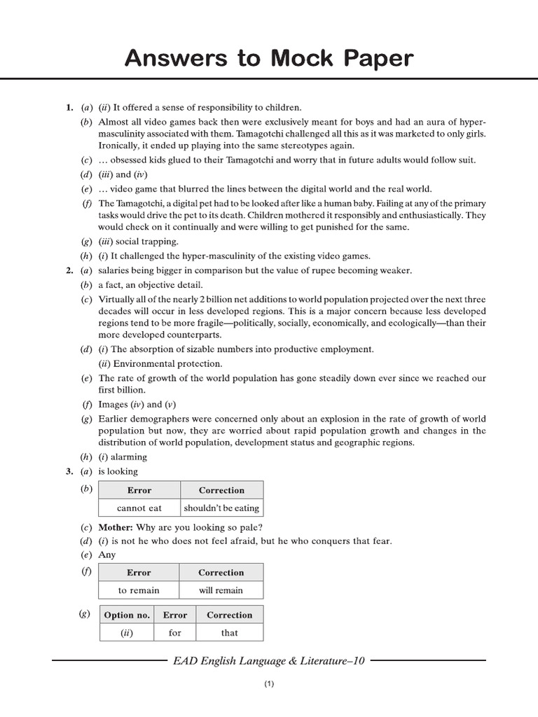 Cbse Cl10 Ead English LLR Answers To Mock Paper | PDF
