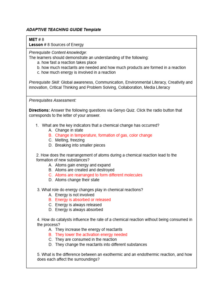 Adaptive Teaching Guide Template | PDF | Chemical Reactions | Reaction Rate