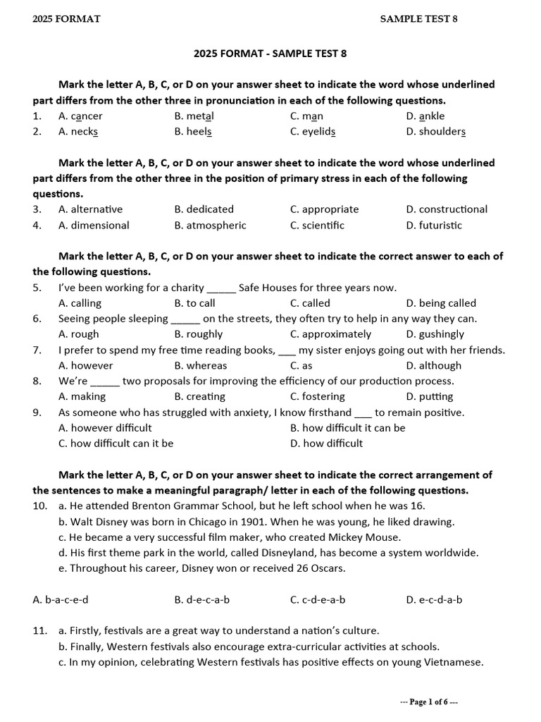 Practice Test 8 (2025 Format) | PDF | Coral | Fever
