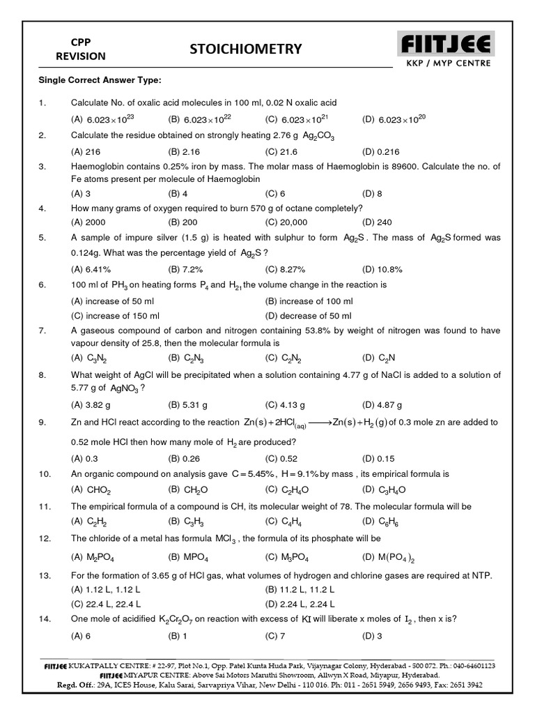 SR+Inter Stoichiometry Chemistry+Revision+CPP+ (CMK) | PDF ...