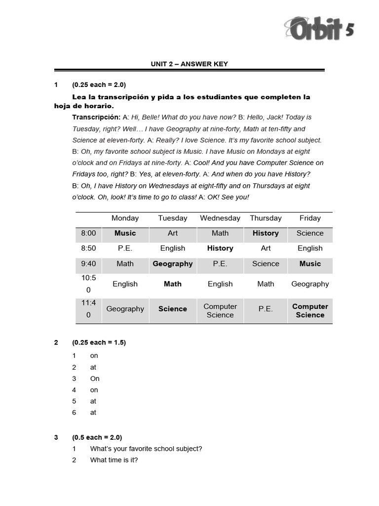 Unit 2 Answer Key for School Subjects | PDF