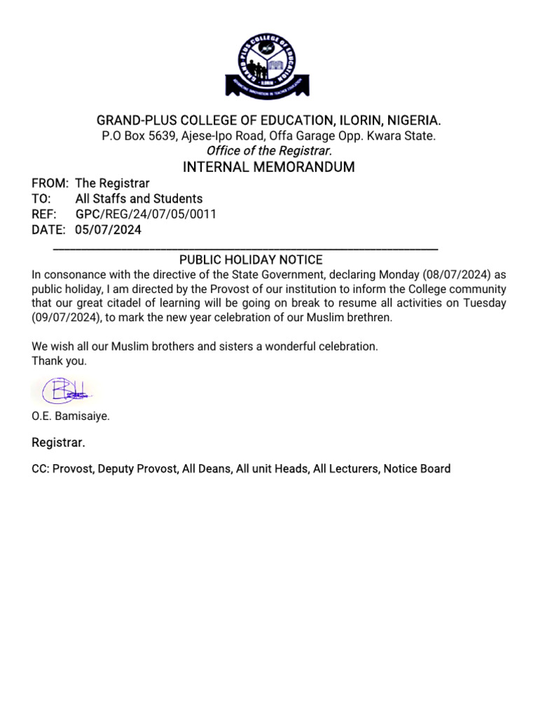 Public Holiday Announcement for July 2024 | PDF