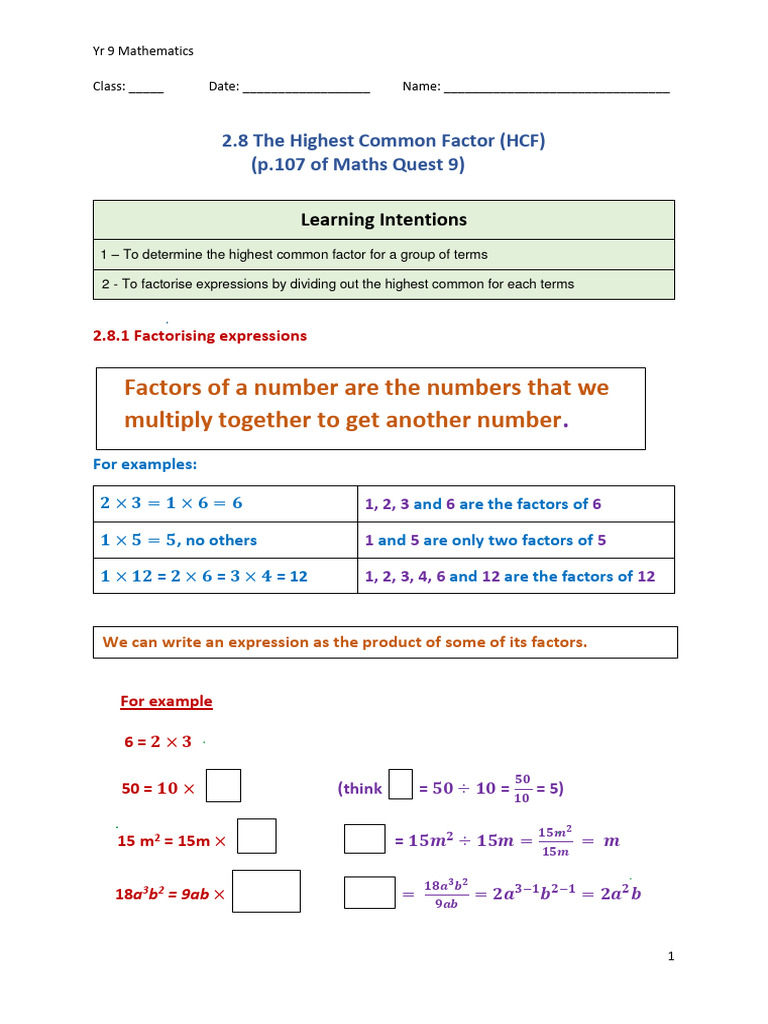 2.8 The Highest Common Factor (HCF) | PDF | Mathematics | Arithmetic