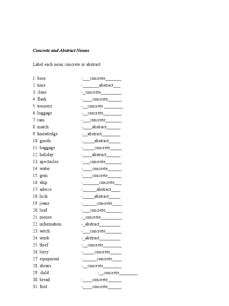 - Exercise 1 - Practice on Concrete and Abstract Nouns