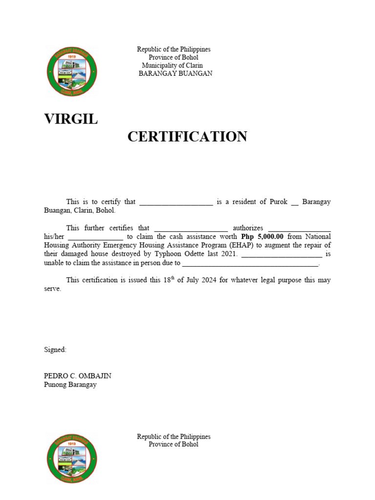 EHAP Certification for Cash Assistance | PDF | Vortices | Philippines