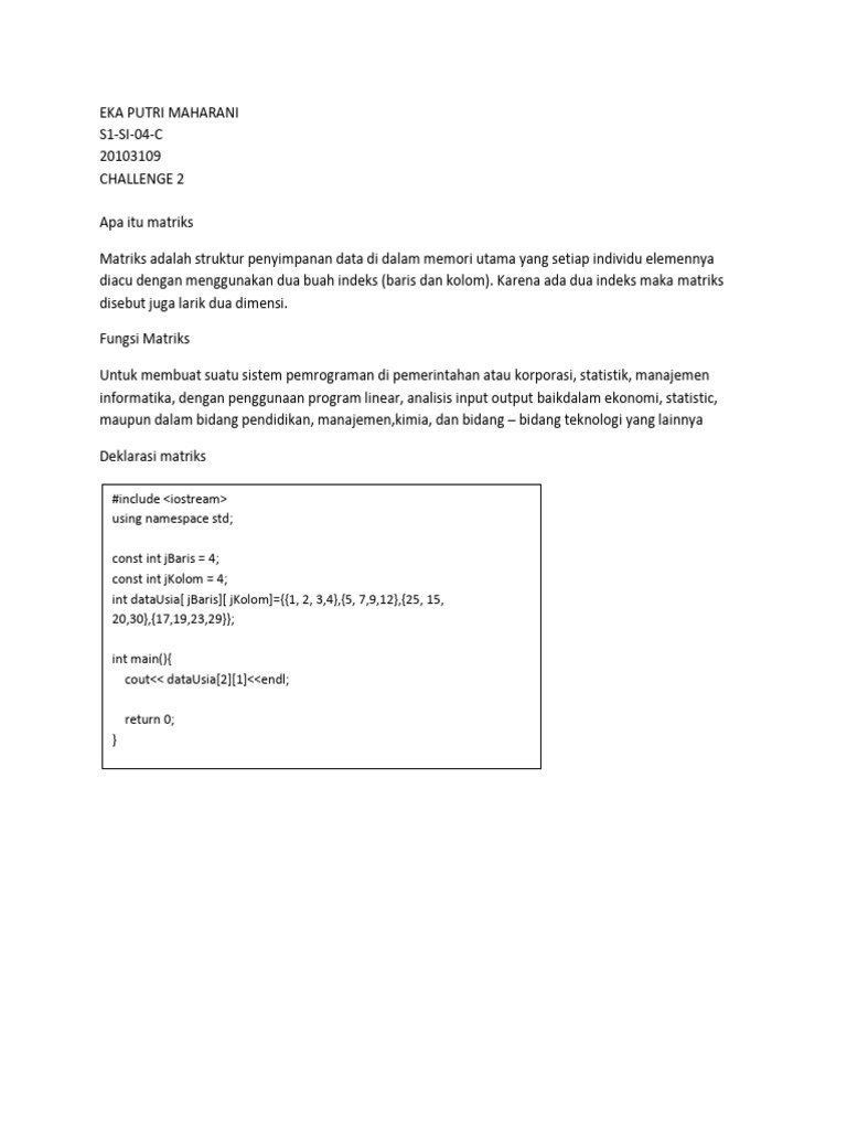 Panduan Matriks dalam Pemrograman C++ | PDF | Metode & Bahan Ajar ...