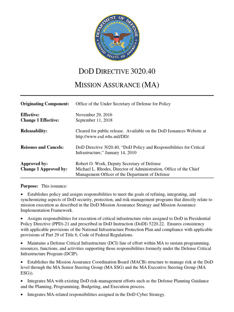 DOD Directive 3020.40 on Mission Assurance | PDF | United States ...