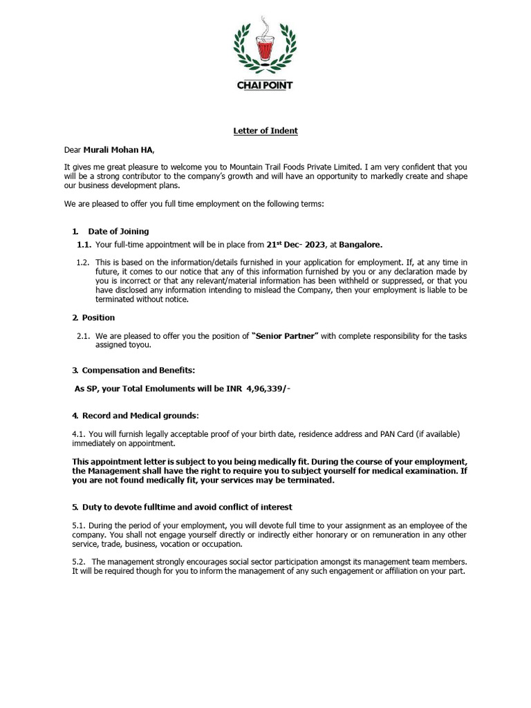 Letter of indent murali mohan pdf employment insurance
